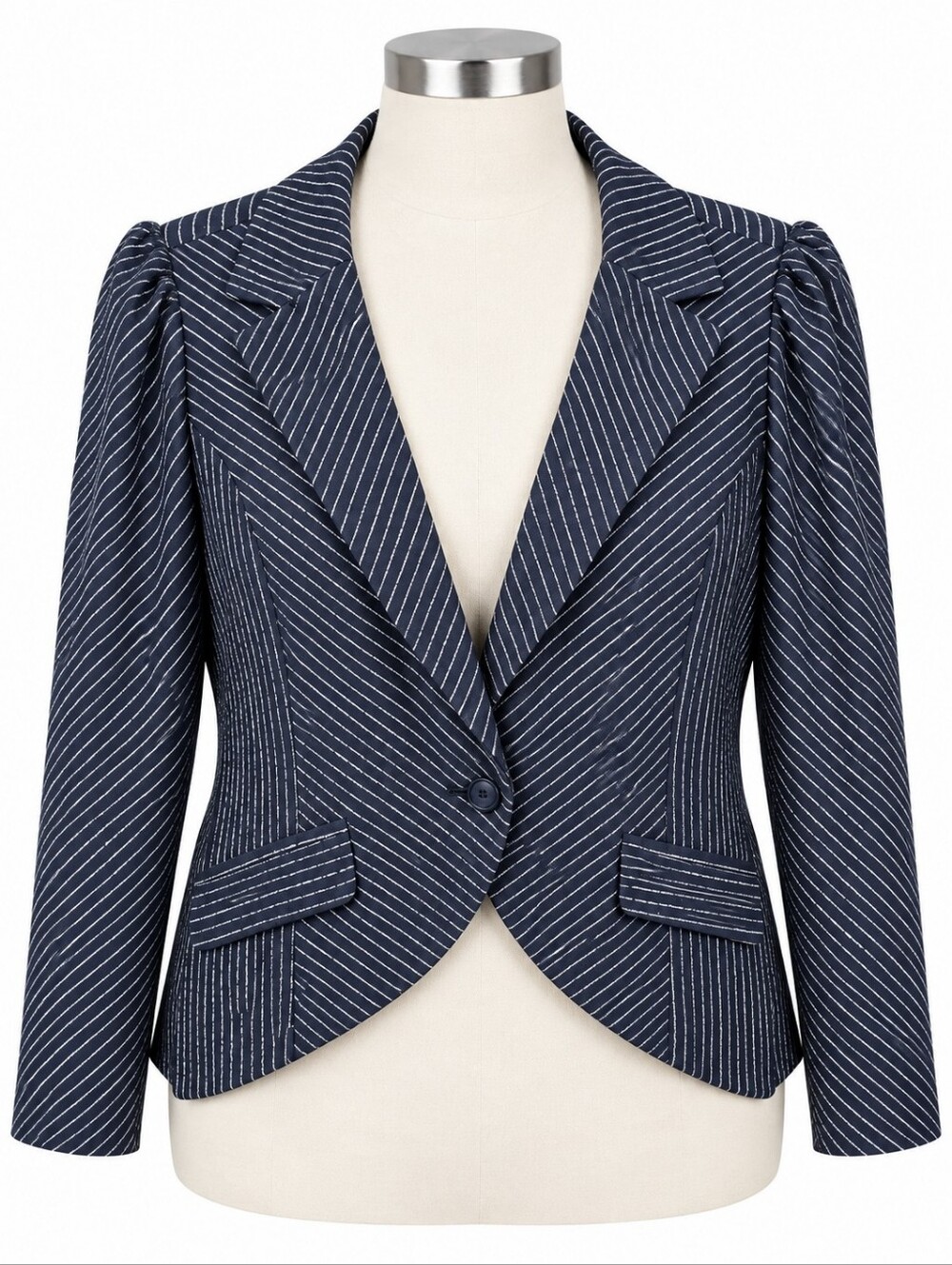 Ryegrass Plus Size 24W Striped Puff Sleeve Blazer Jacket Gray Navy Blue Work